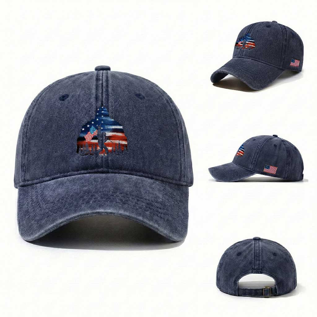 Funny Bigfoot Night Stroll American Flag Washed Cotton Baseball Cap Patriotic 4th July TS11 Washed Cap Universal Fit Navy Print Your Wear
