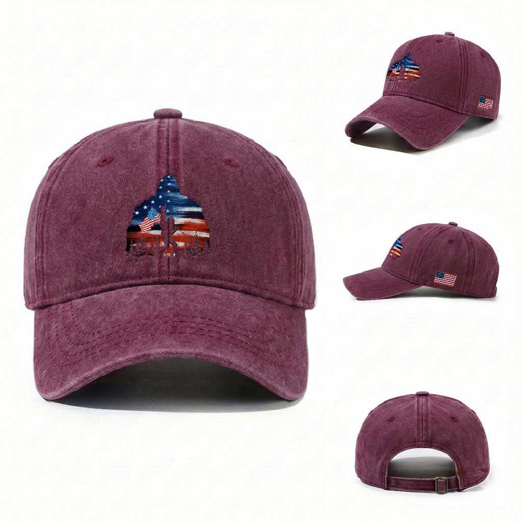Funny Bigfoot Night Stroll American Flag Washed Cotton Baseball Cap Patriotic 4th July TS11 Washed Cap Universal Fit Burgundy Print Your Wear