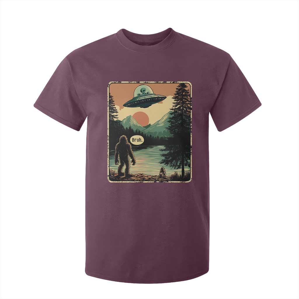 Funny Bigfoot Sasquatch Alien Spaceship UFO Introvert Bruh T Shirt For Kid TS11 Maroon Print Your Wear