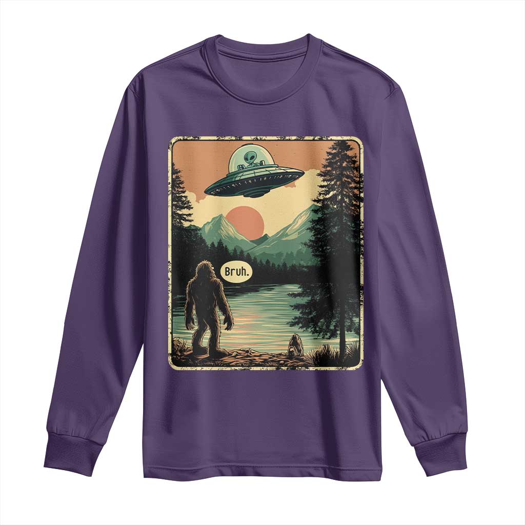 Funny Bigfoot Sasquatch Alien Spaceship UFO Introvert Bruh Long Sleeve Shirt TS11 Purple Print Your Wear