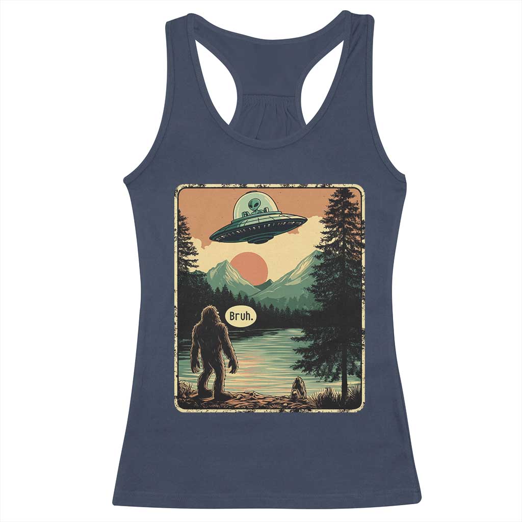 Funny Bigfoot Sasquatch Alien Spaceship UFO Introvert Bruh Racerback Tank Top TS11 Navy Print Your Wear