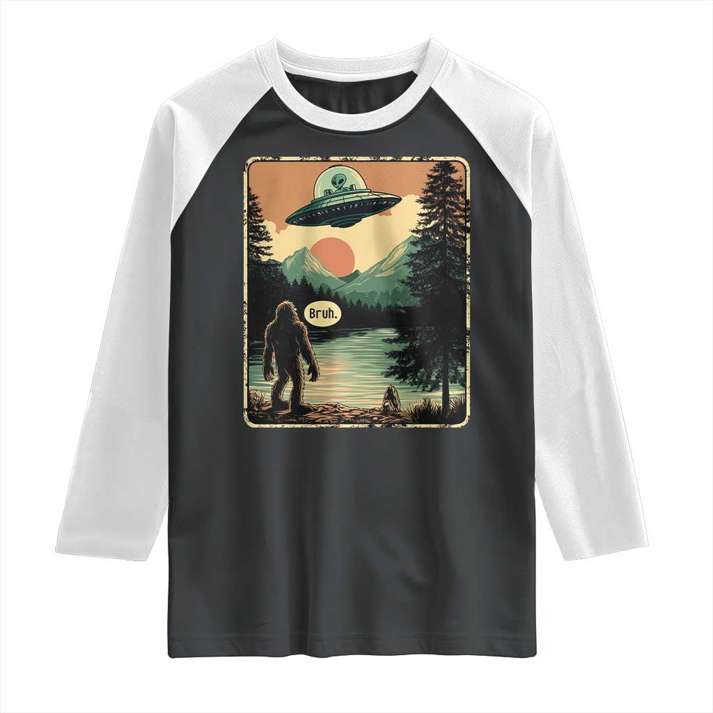 Funny Bigfoot Sasquatch Alien Spaceship UFO Introvert Bruh Raglan Shirt TS11 Black White Print Your Wear