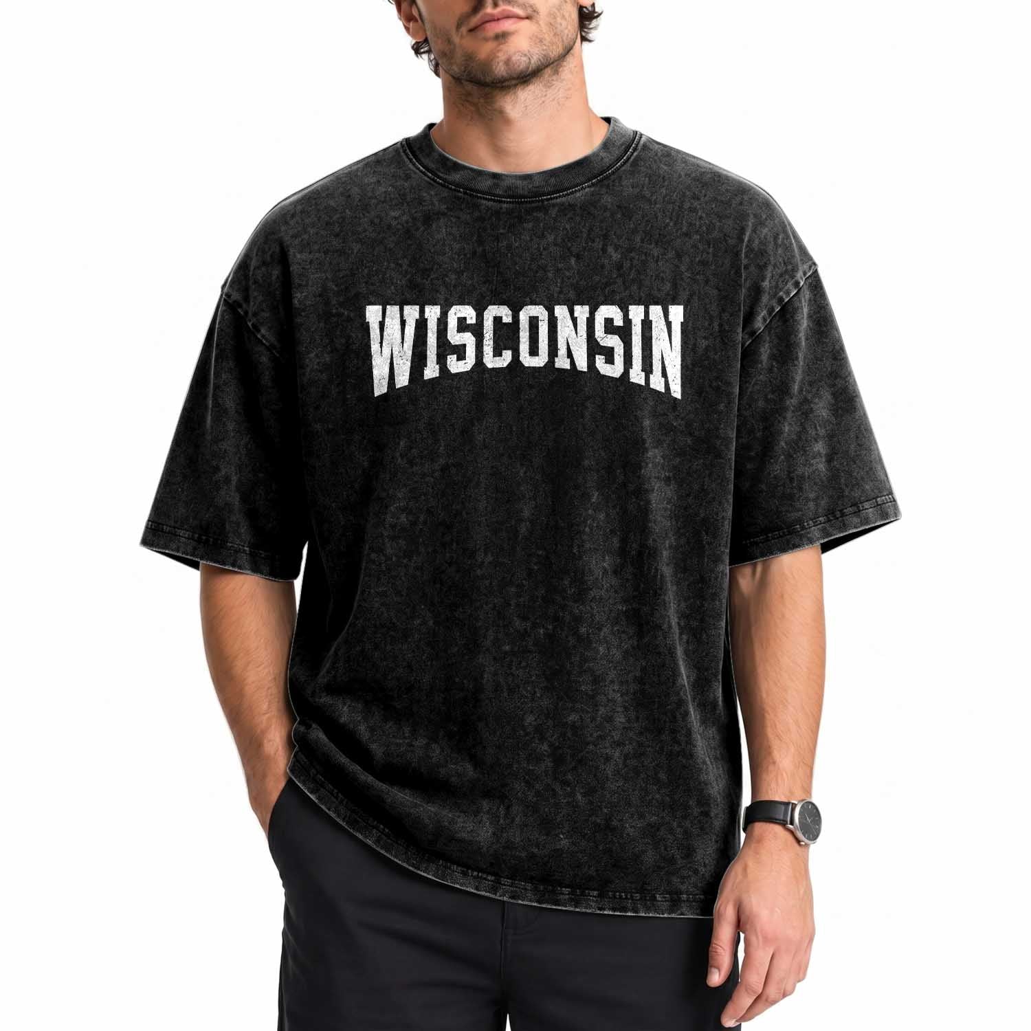 Wisconsin Vintage Athletic Sports Design Washed Cotton T-Shirt WI State Wisconsinan Gift