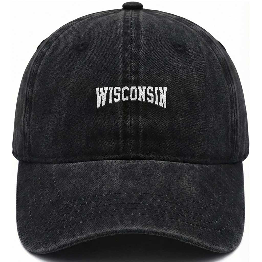 Wisconsin Vintage Athletic Sports Design Washed Cotton Baseball Cap WI State Wisconsinan Gift