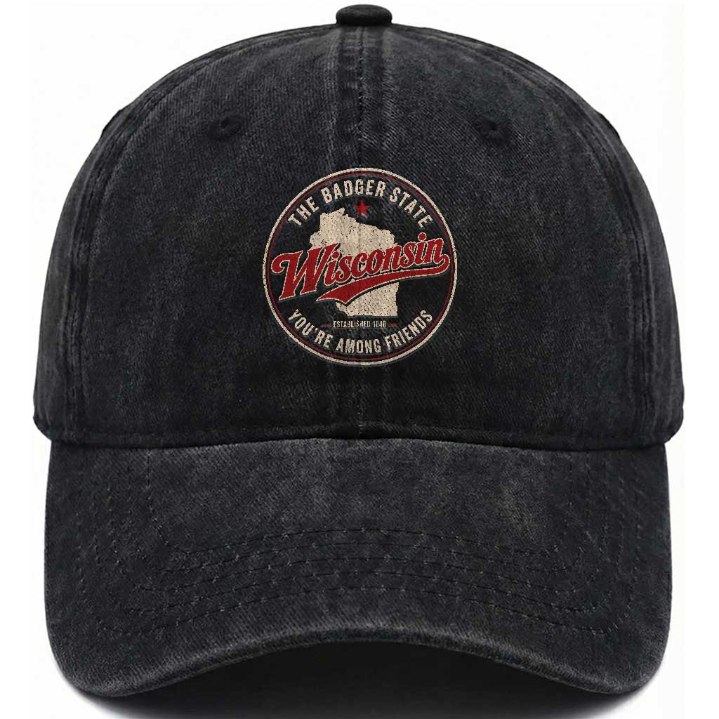 Wisconsin The Badger State Washed Cotton Baseball Cap You're Among Friends Retro WI State TS11 Print Your Wear