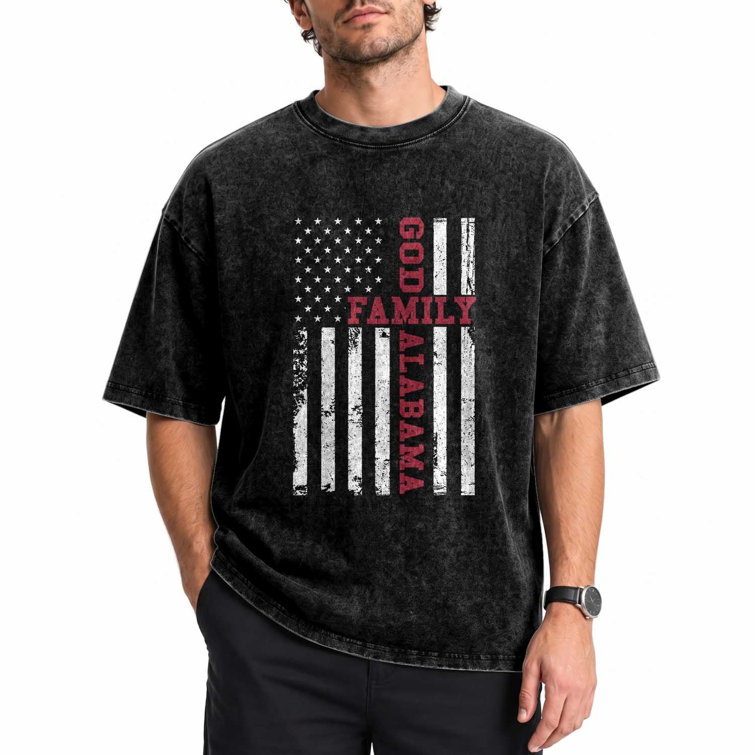 God Family Alabama Washed Cotton T-Shirt AL Game Day Christian American Flag