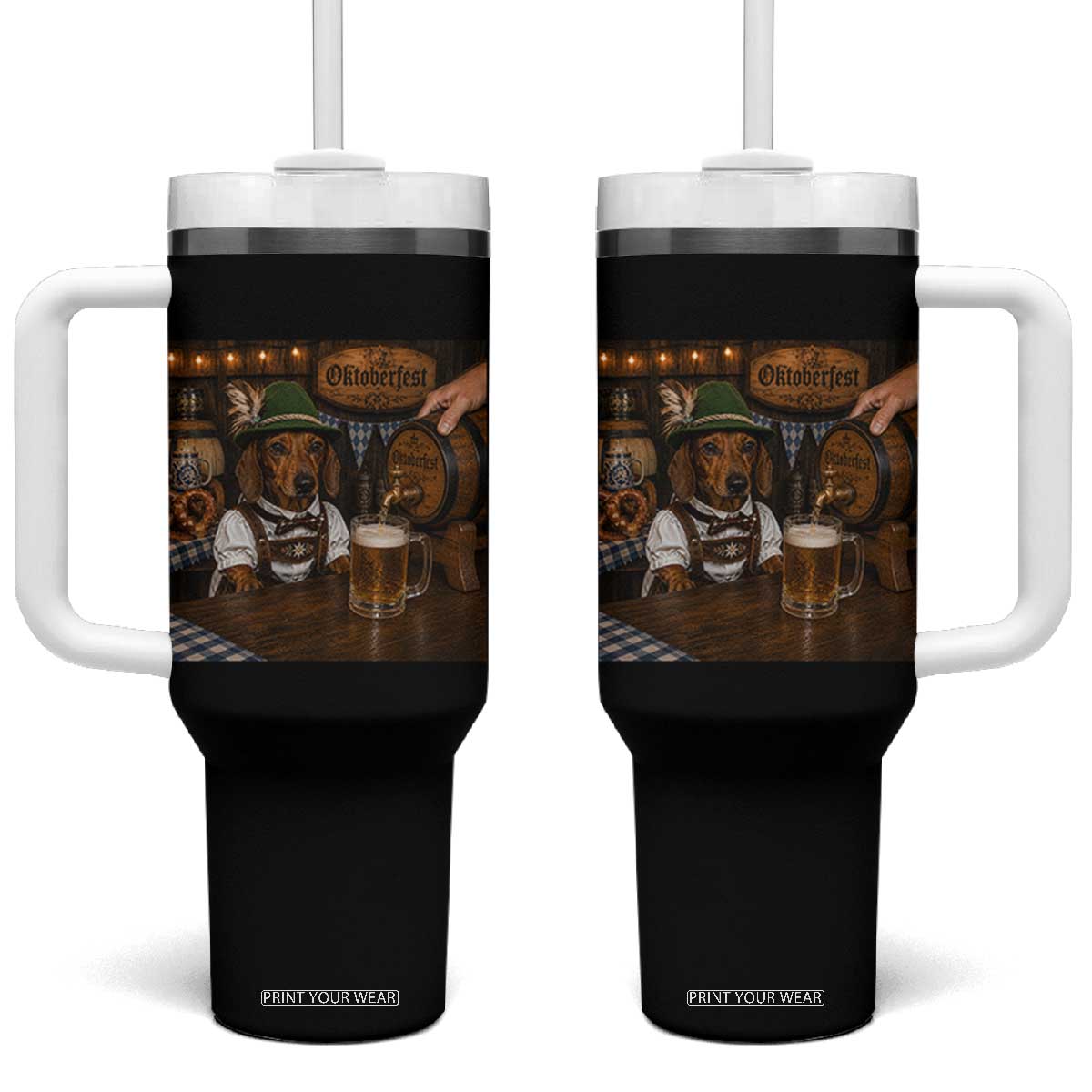 Funny Oktoberfest Wiener Drinking Beer Meme Dog Tumbler With Handle