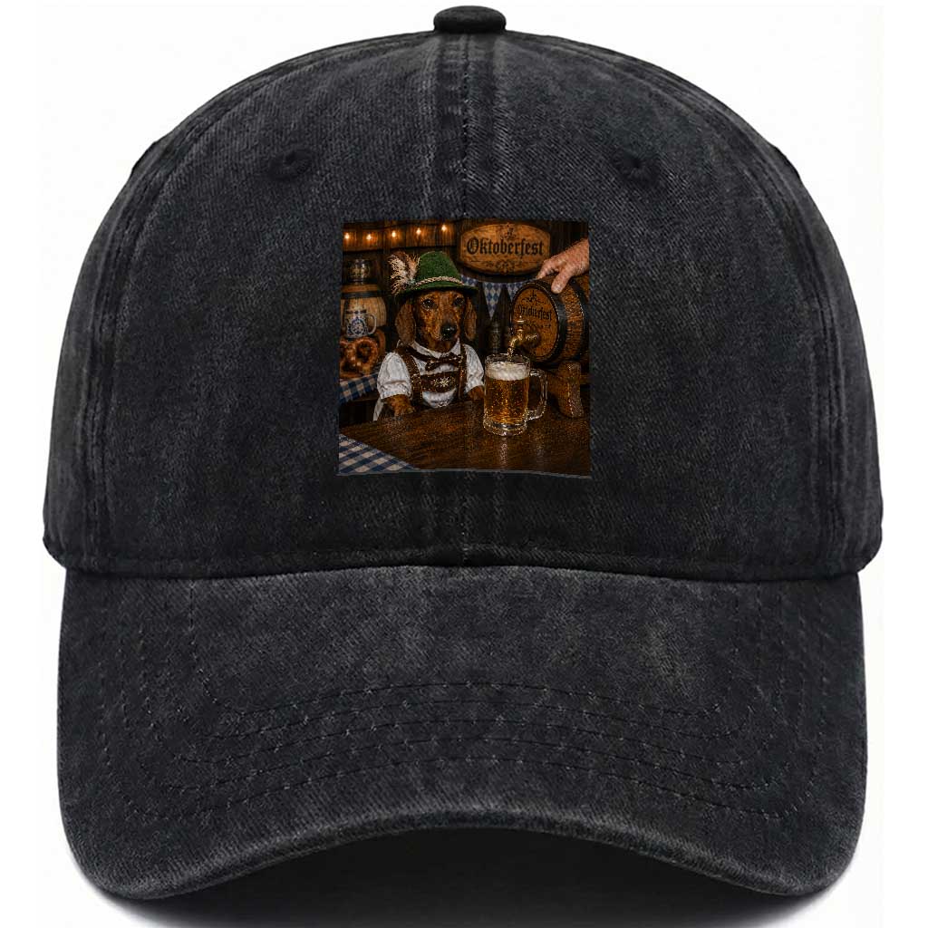 Funny Oktoberfest Wiener Drinking Beer Meme Dog Washed Cotton Baseball Cap