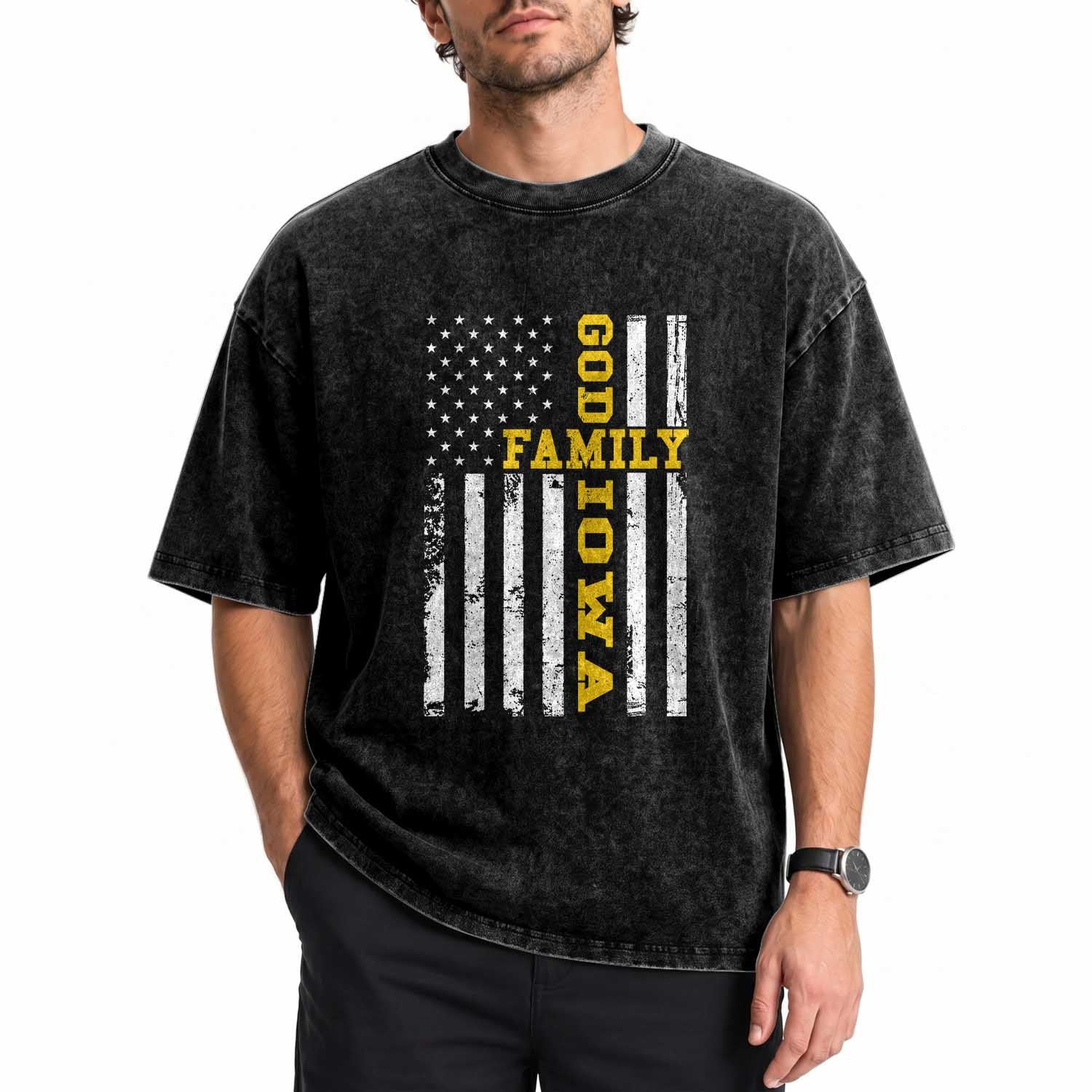 God Family Iowa Washed Cotton T-Shirt IA State Game Day Christian American Flag