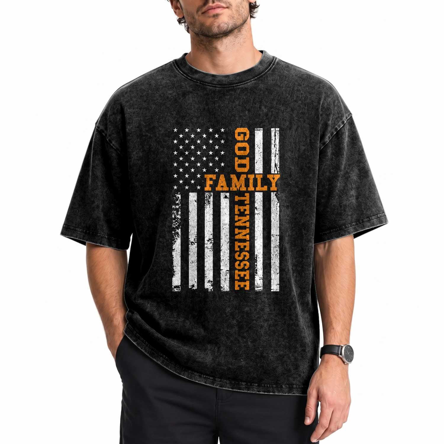 God Family Tennessee Washed Cotton T-Shirt TN Game Day Christian American Flag