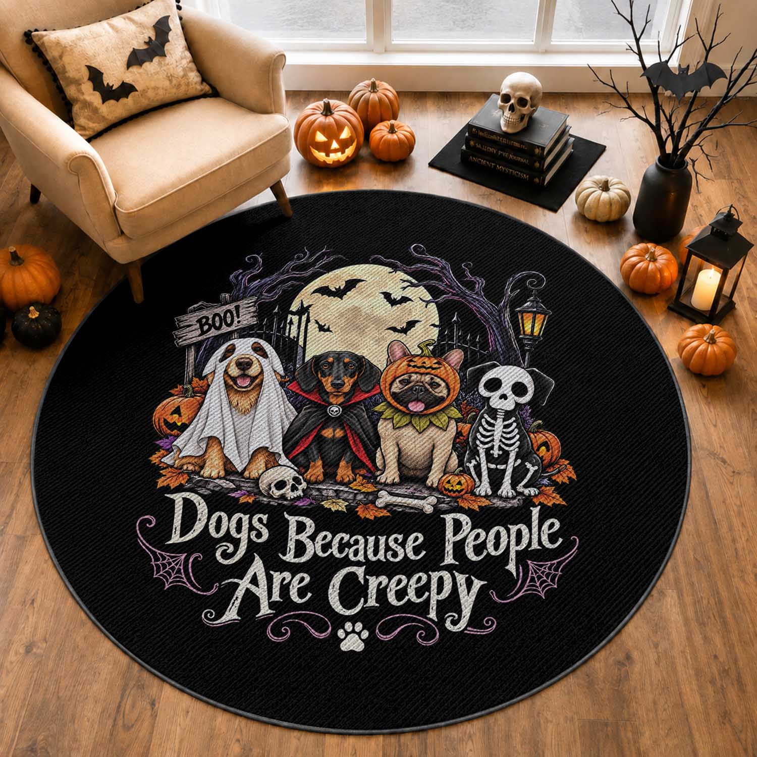 Funny Halloween Dogs Because People Are Creepy Round Rug Spooky Puppy Lover