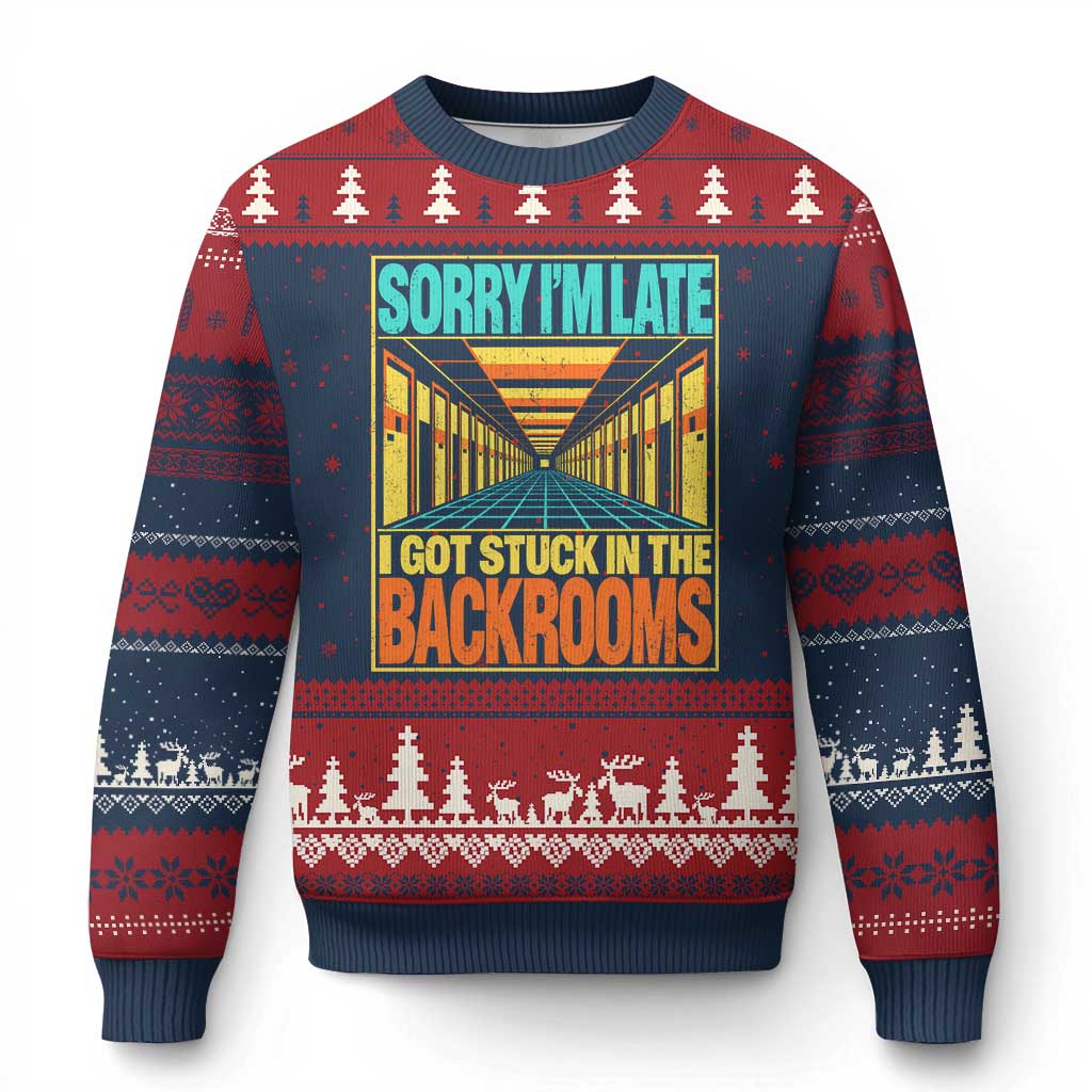 Sorry I Am Late I Got Stuck In The Backrooms Ugly Christmas Sweater Horror Liminal Space