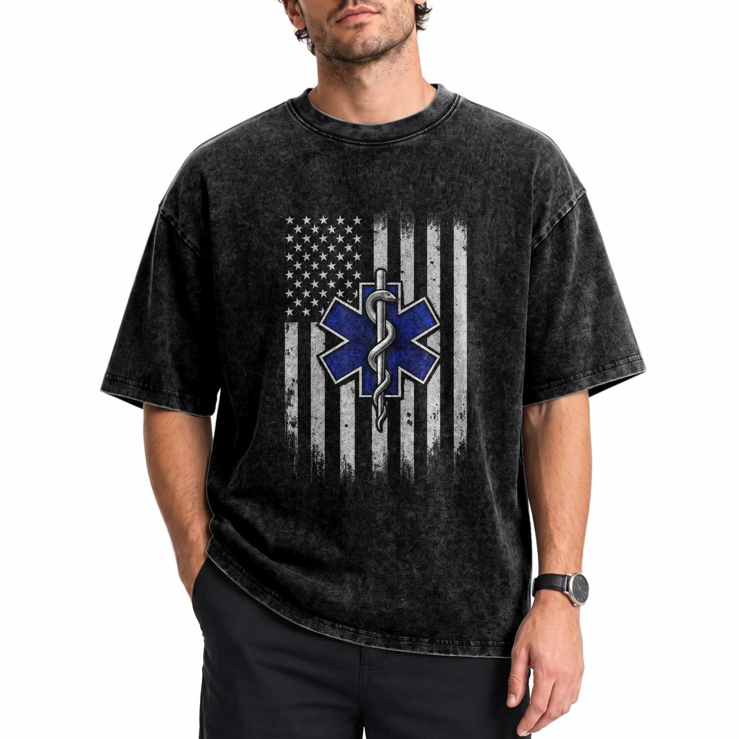Patriotic EMS EMT Star of Life Washed Cotton T-Shirt Vintage Paramedic American Flag Emergency First Responders