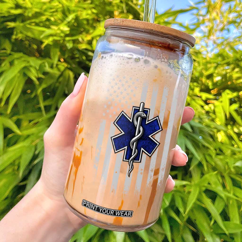 Patriotic EMS EMT Star of Life Glass Can Vintage Paramedic American Flag Emergency First Responders
