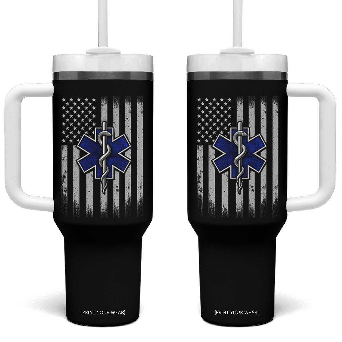 Patriotic EMS EMT Star of Life Tumbler With Handle Vintage Paramedic American Flag Emergency First Responders