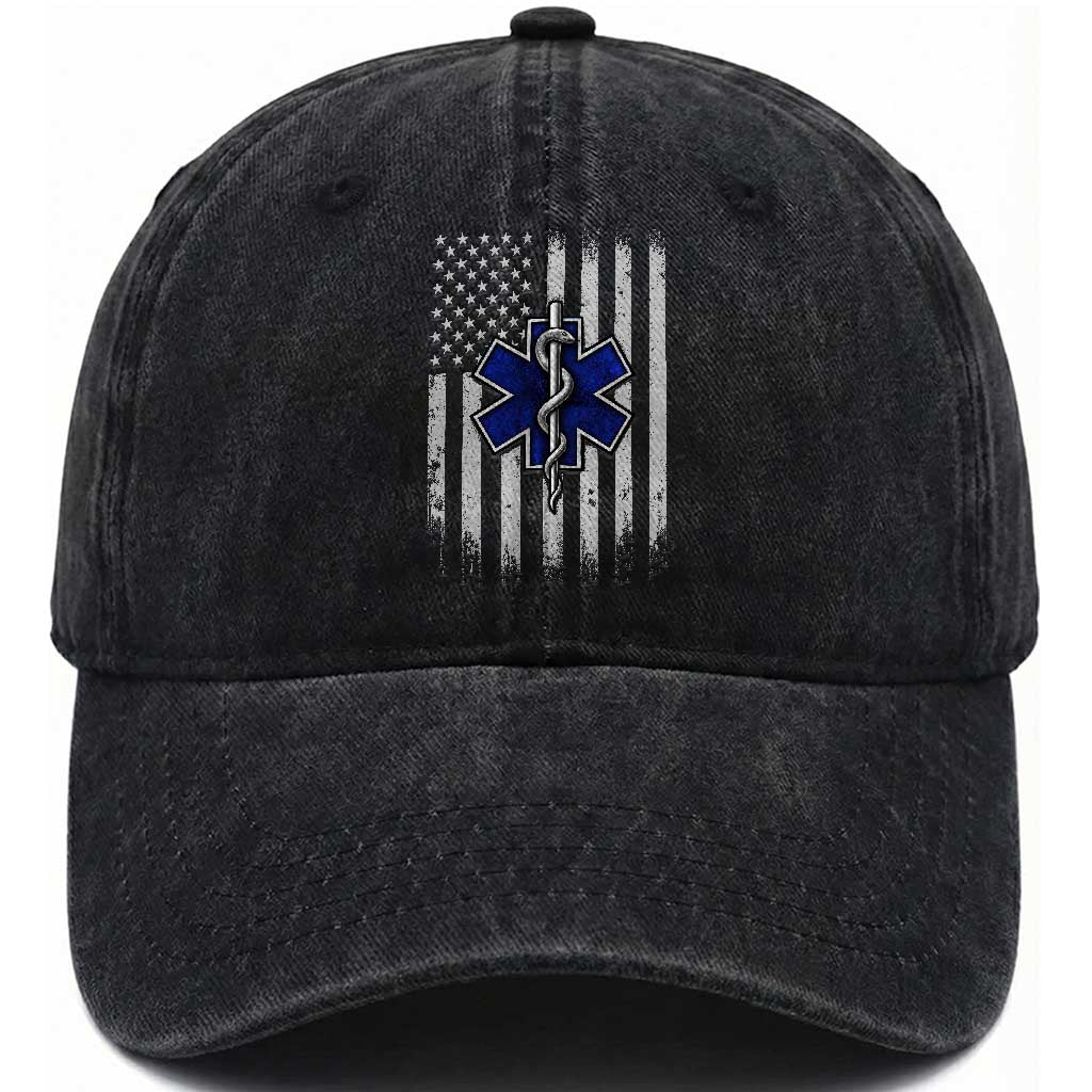 Patriotic EMS EMT Star of Life Washed Cotton Baseball Cap Vintage Paramedic American Flag Emergency First Responders