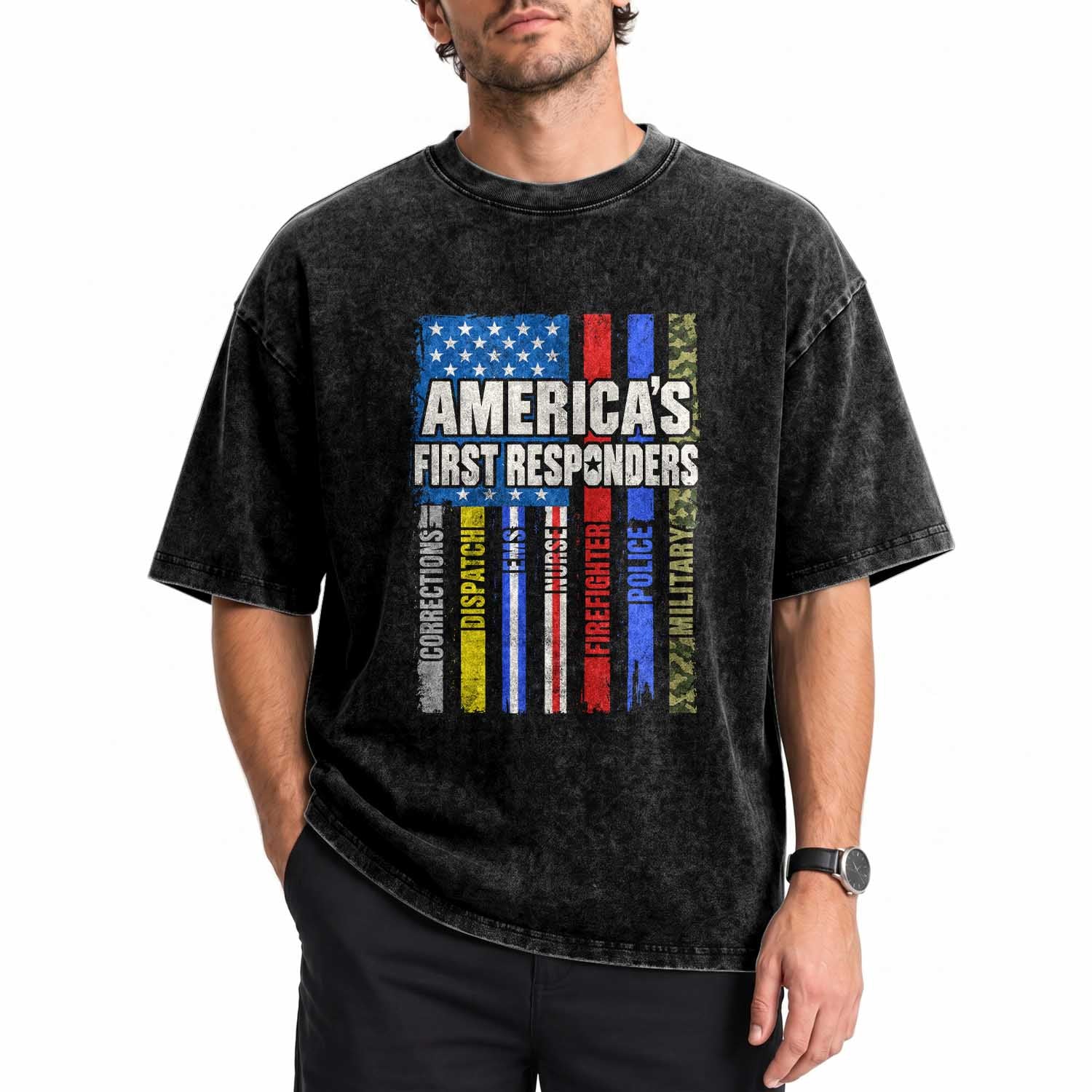 Americas First Responders Washed Cotton T-Shirt Corrections Dispatch EMS Nurse Firefighter Police Military US Flag