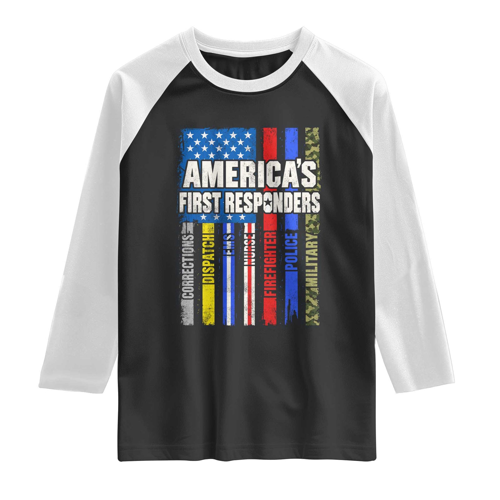 Americas First Responders Raglan Shirt Corrections Dispatch EMS Nurse Firefighter Police Military US Flag