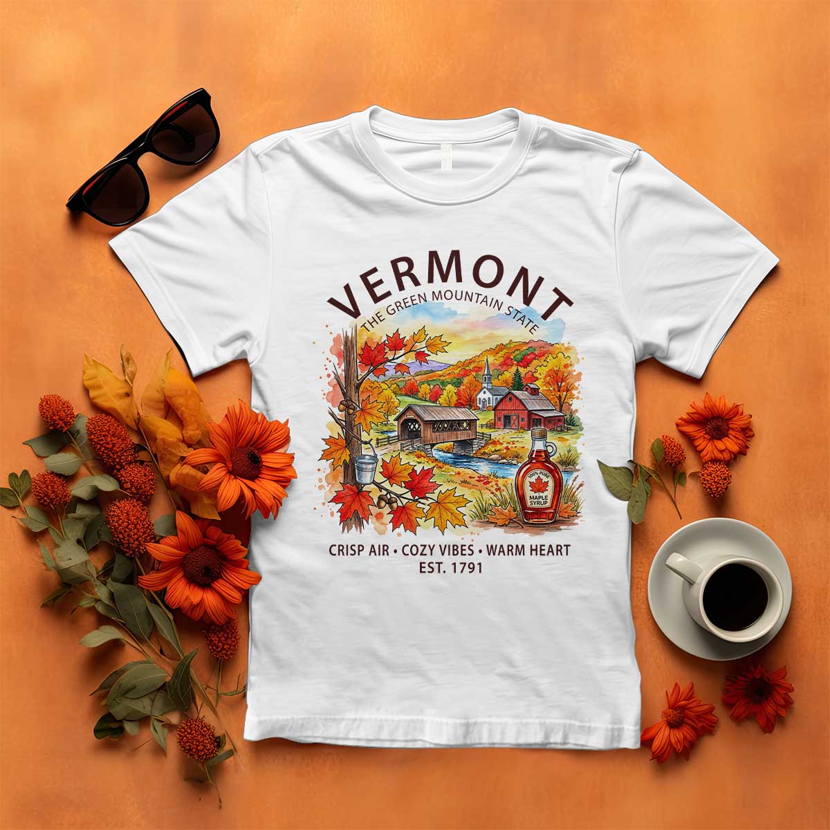 Vermont Fall Foliage T Shirt The Green Mountain State Est 1791 Crisp Air Cozy Vibes Warm Heart
