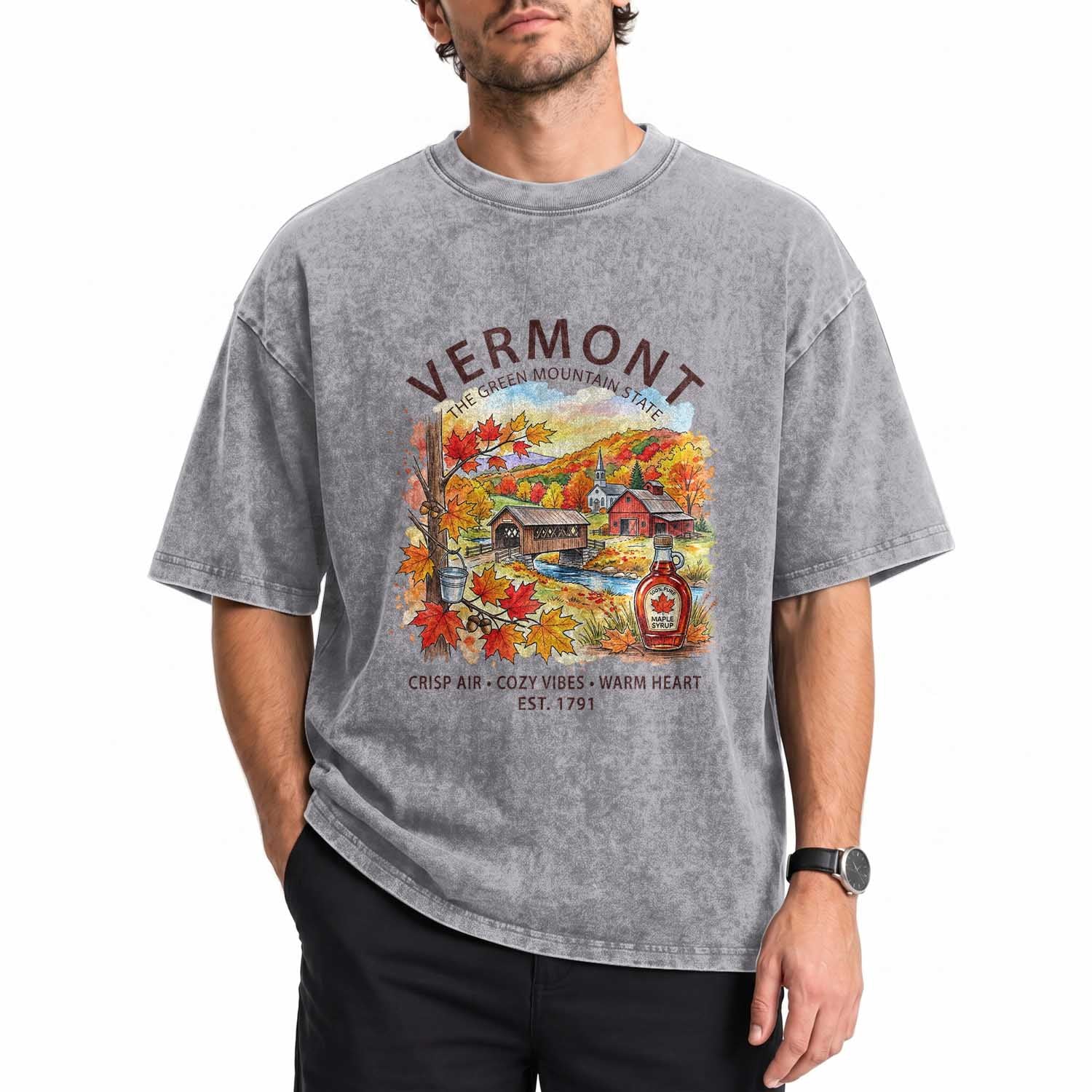 Vermont Fall Foliage Washed Cotton T-Shirt The Green Mountain State Est 1791 Crisp Air Cozy Vibes Warm Heart