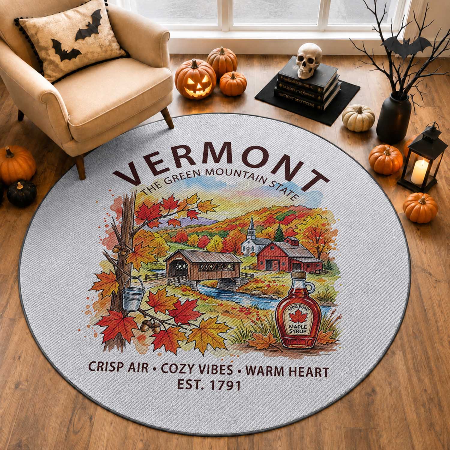 Vermont Fall Foliage Round Rug The Green Mountain State Est 1791 Crisp Air Cozy Vibes Warm Heart