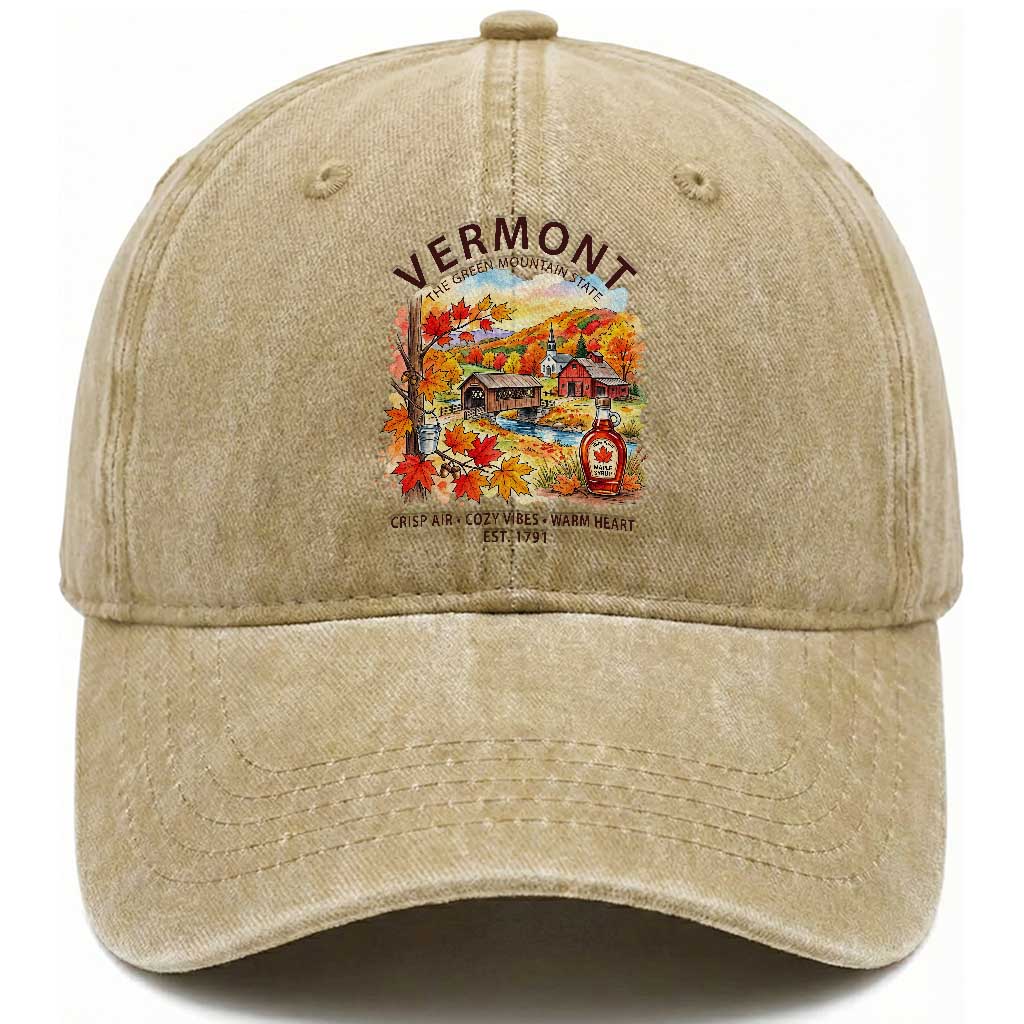 Vermont Fall Foliage Washed Cotton Baseball Cap The Green Mountain State Est 1791 Crisp Air Cozy Vibes Warm Heart