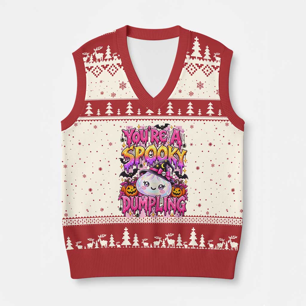You Are A Spooky Dumpling Halloween V-Neck Knit Sweater Vest Kawaii Glitter Dim Sum Food Squishy