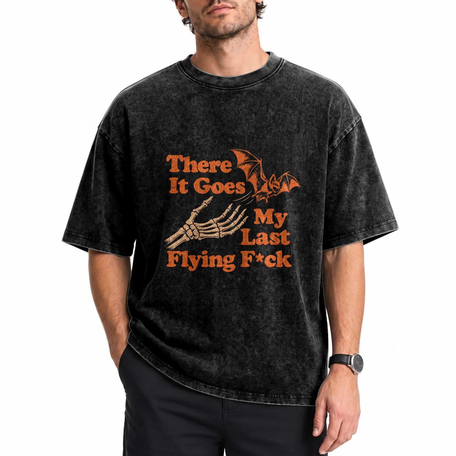 Funny Halloween There It Goes My Last Flying Fck Washed Cotton T-Shirt Skeleton Hand Bat Humor