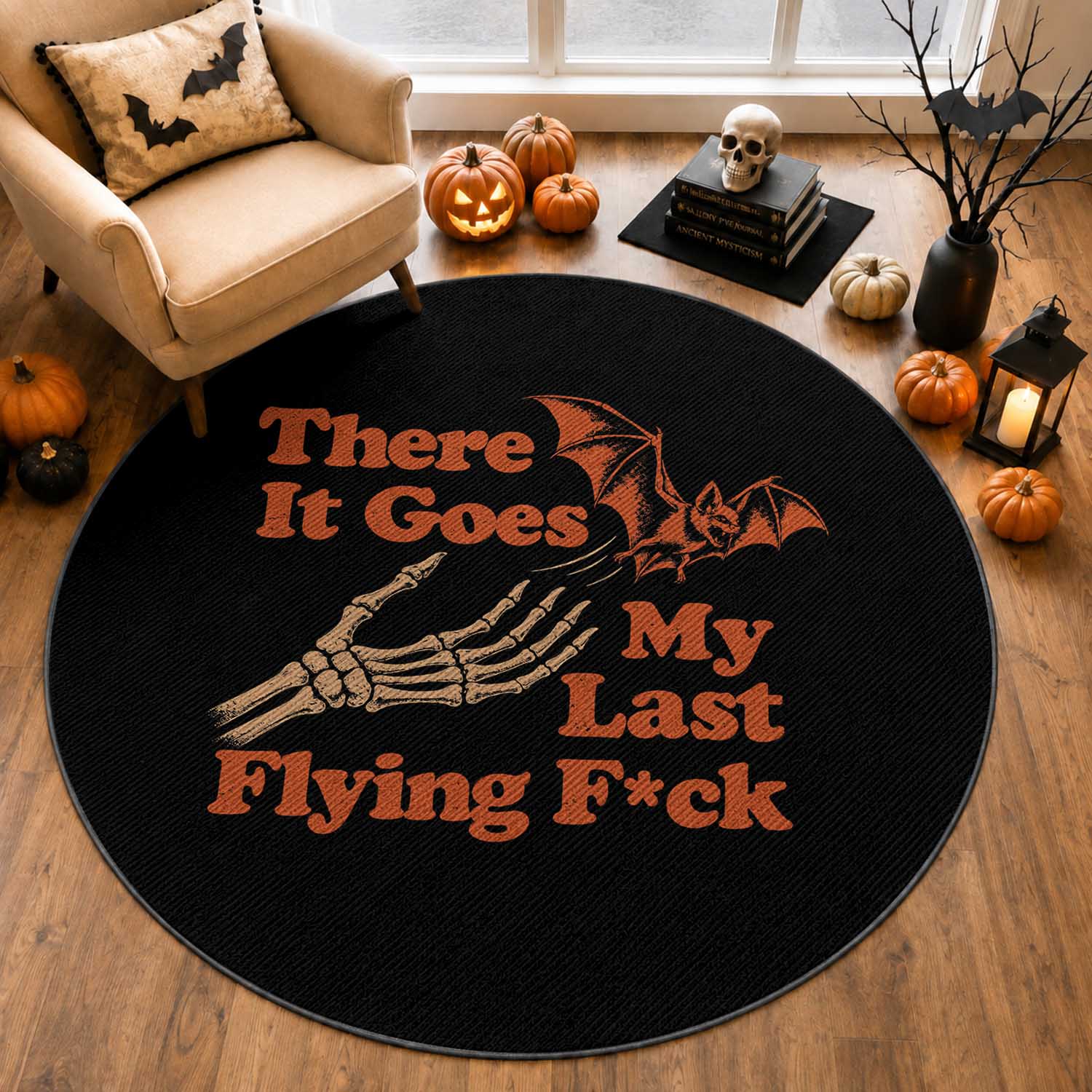 Funny Halloween There It Goes My Last Flying Fck Round Rug Skeleton Hand Bat Humor