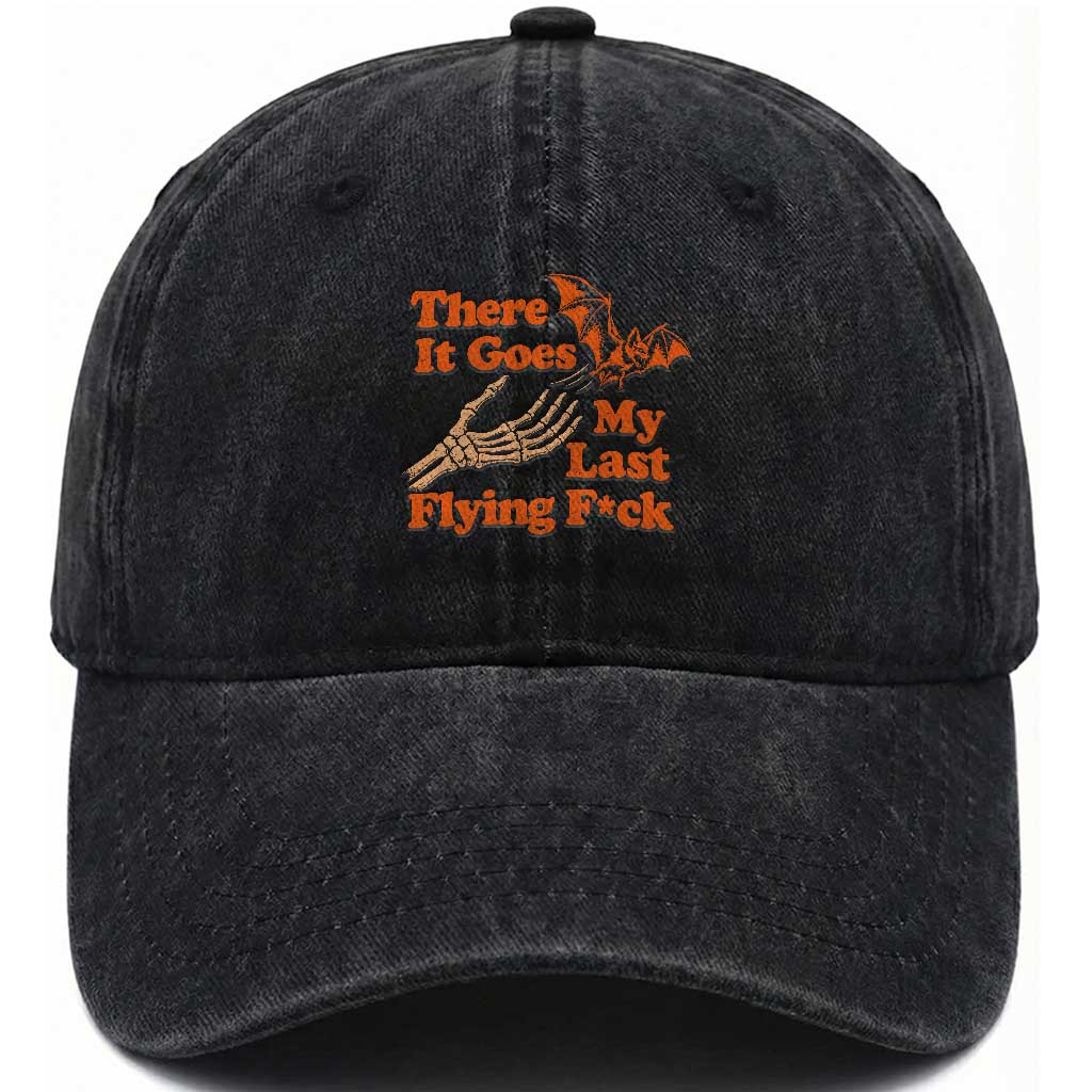 Funny Halloween There It Goes My Last Flying Fck Washed Cotton Baseball Cap Skeleton Hand Bat Humor