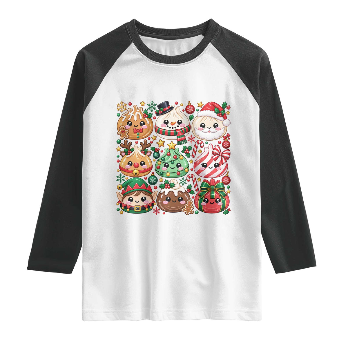 Cute Squishy Christmas Glitter Dumpling Raglan Shirt Festive Kawaii Dim Sum