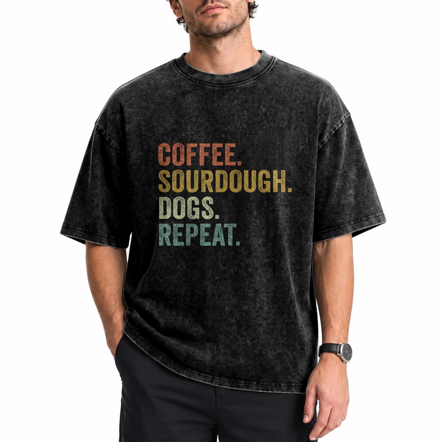 Coffee Sourdough Dogs Repeat Washed Cotton T-Shirt Funny Baker Bread Making