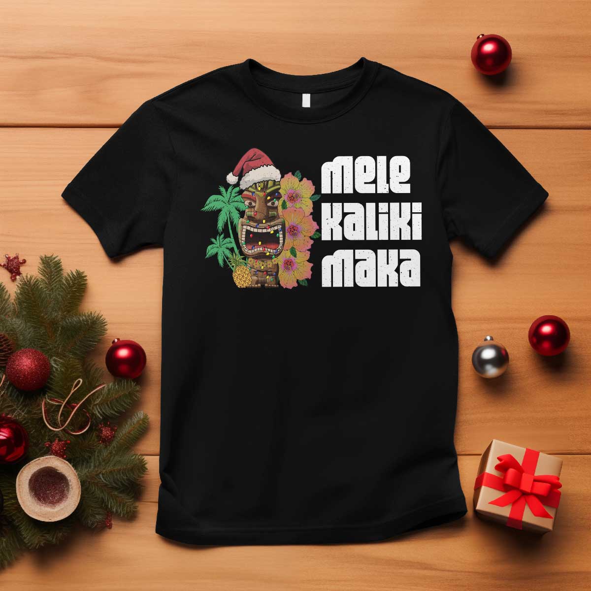 Christmas In Hawaii T Shirt Mele Kalikimaka Tiki Hibiscus Flower Santa Hat TS11 Black Print Your Wear