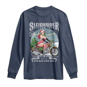 Christmas Female Santa Motorcycle Long Sleeve Shirt Sleighrider Custom Toys For Bad Kids Too TS11 Navy Print Your Wear