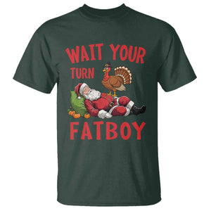 Funny Thanksgiving Christmas T Shirt Wait Your Turn Fat Boy Turkey Santa TS11 Dark Forest Green Print Your Wear