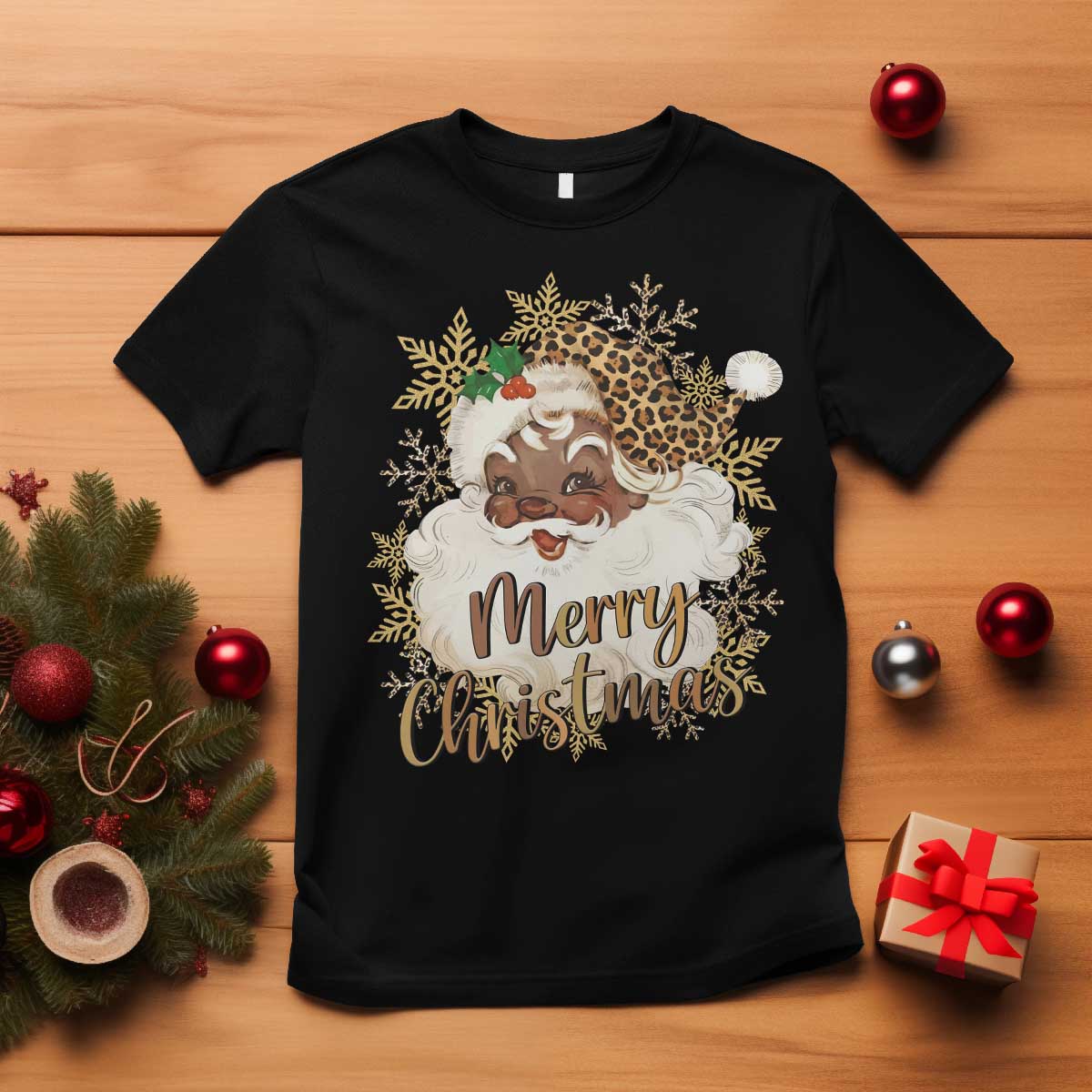 Funny Retro Black Santa Merry Christmas Leopard T Shirt TS11 Black Print Your Wear