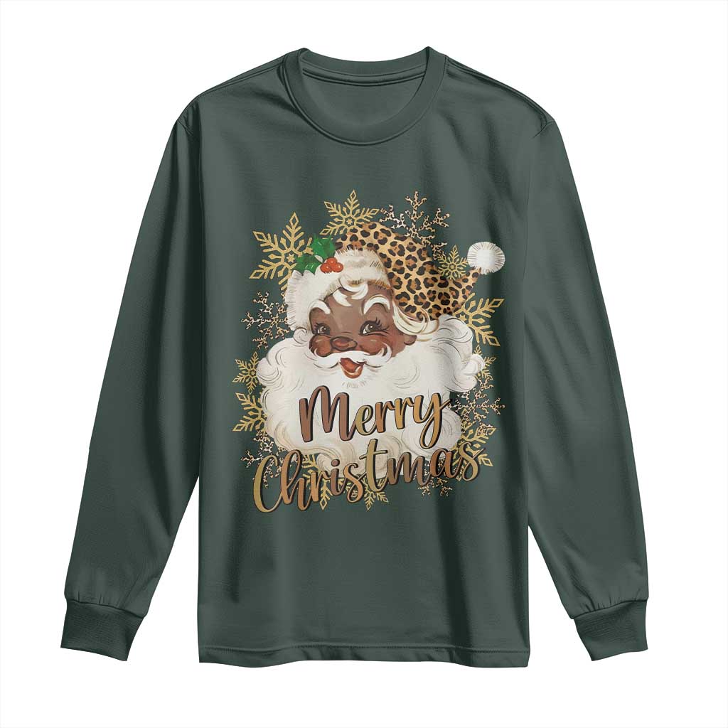 Funny Retro Black Santa Merry Christmas Leopard Long Sleeve Shirt TS11 Dark Forest Green Print Your Wear
