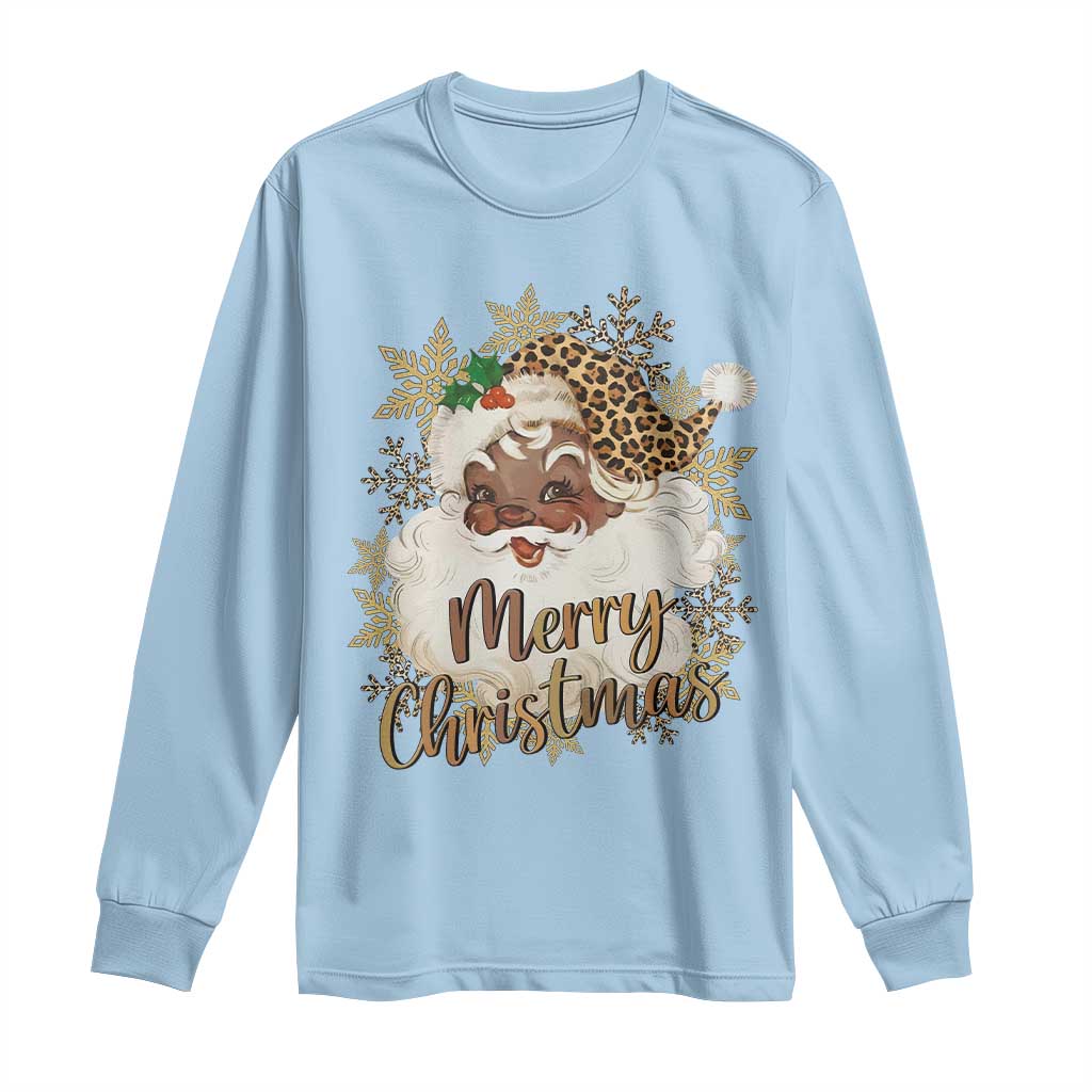 Funny Retro Black Santa Merry Christmas Leopard Long Sleeve Shirt TS11 Light Blue Print Your Wear