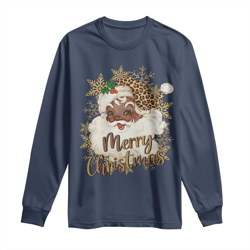 Funny Retro Black Santa Merry Christmas Leopard Long Sleeve Shirt TS11 Navy Print Your Wear