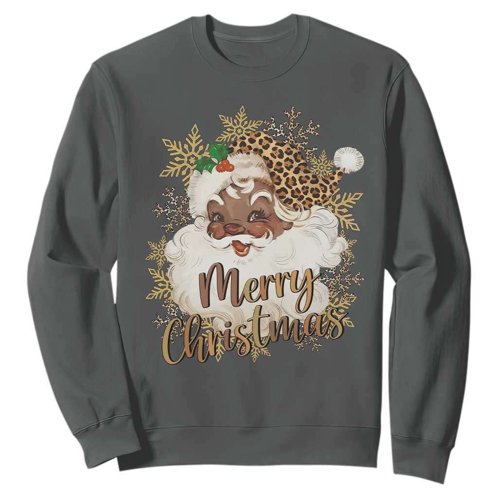 Funny Retro Black Santa Merry Christmas Leopard Sweatshirt TS11 Dark Heather Print Your Wear