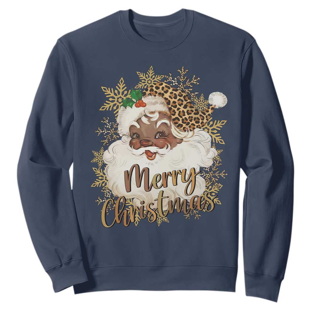 Funny Retro Black Santa Merry Christmas Leopard Sweatshirt TS11 Navy Print Your Wear
