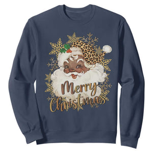 Funny Retro Black Santa Merry Christmas Leopard Sweatshirt TS11 Navy Print Your Wear