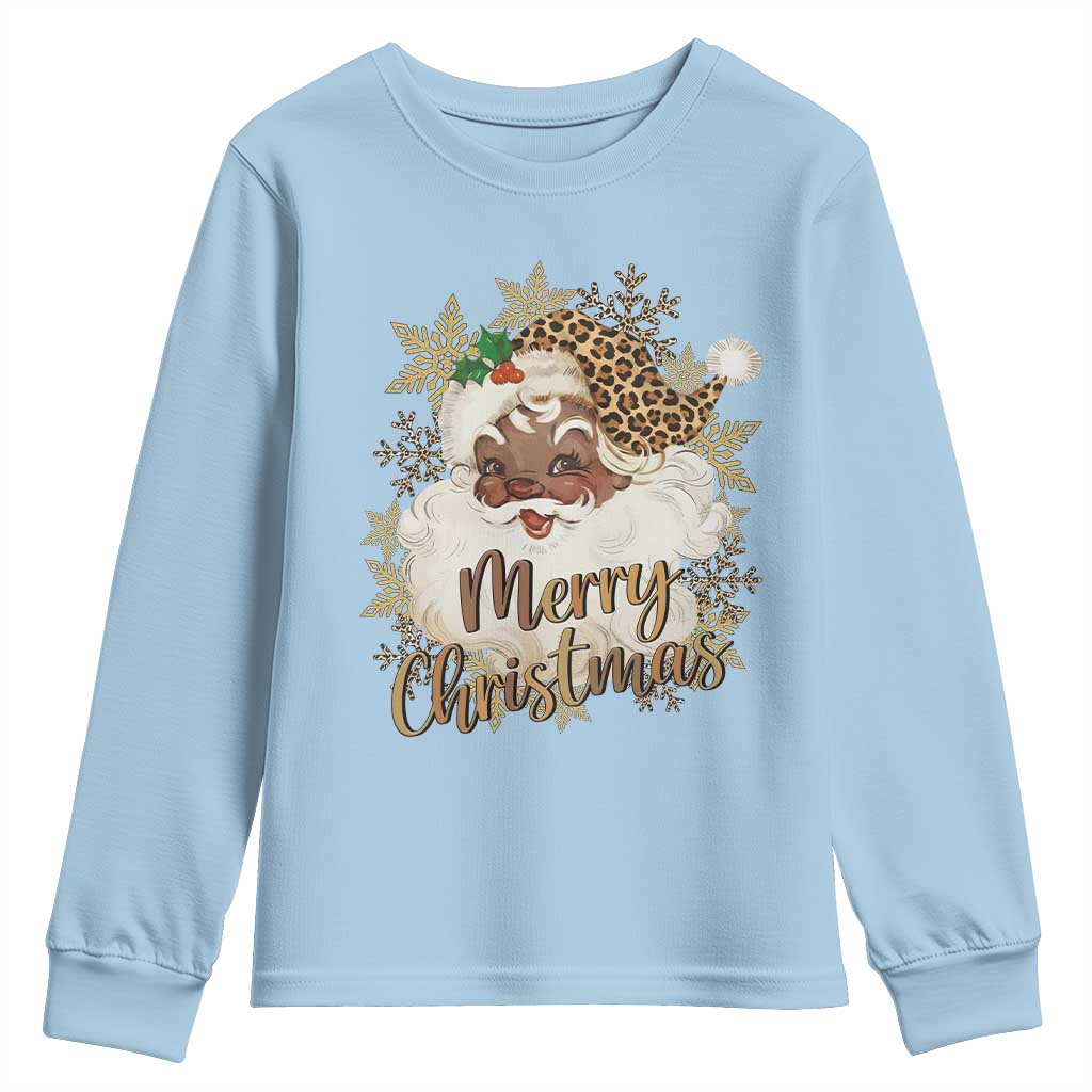 Funny Retro Black Santa Merry Christmas Leopard Youth Sweatshirt TS11 Light Blue Print Your Wear
