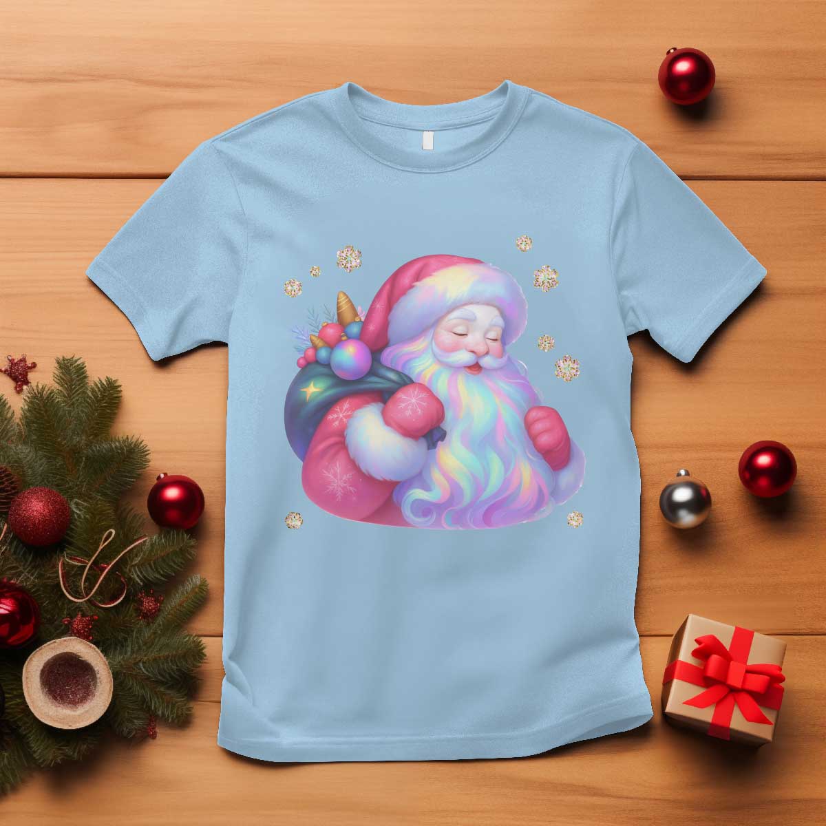 Iridescent Christmas Santa Printed Coquette Xmas T Shirt TS11 Light Blue Print Your Wear