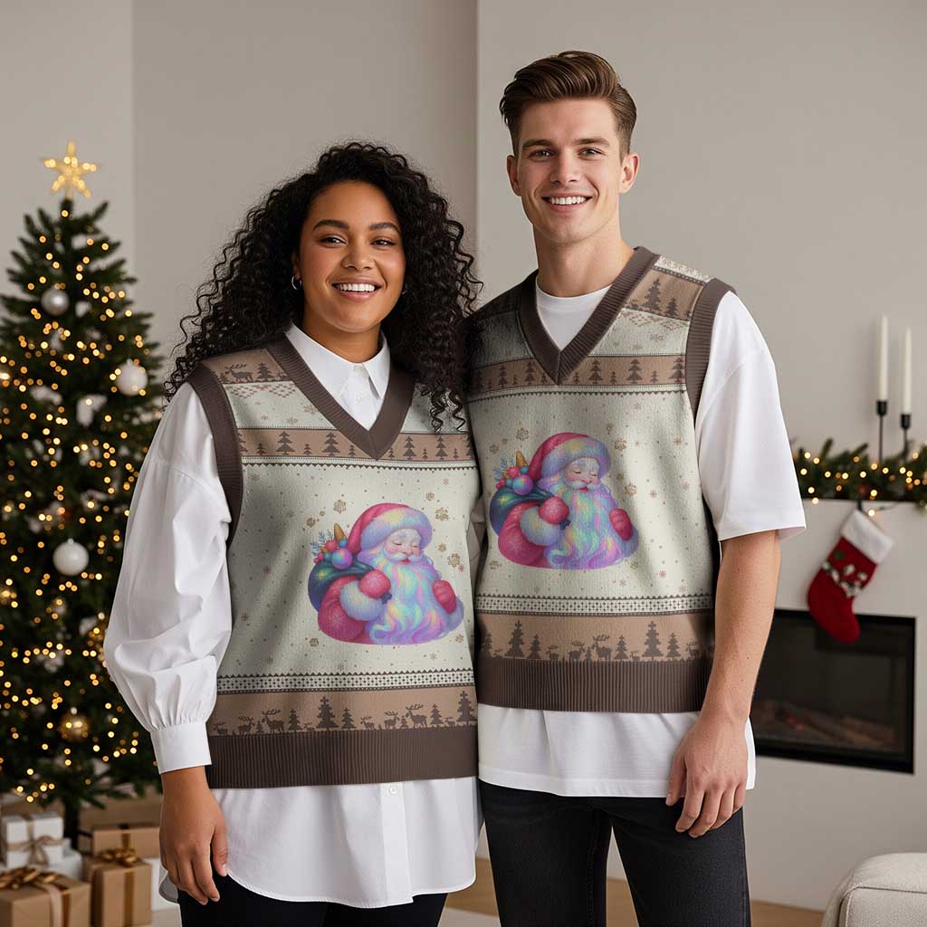 Iridescent Xmas Santa Printed Coquette Xmas V-Neck Knit Sweater Vest TS11 Mocha Mousse Print Your Wear