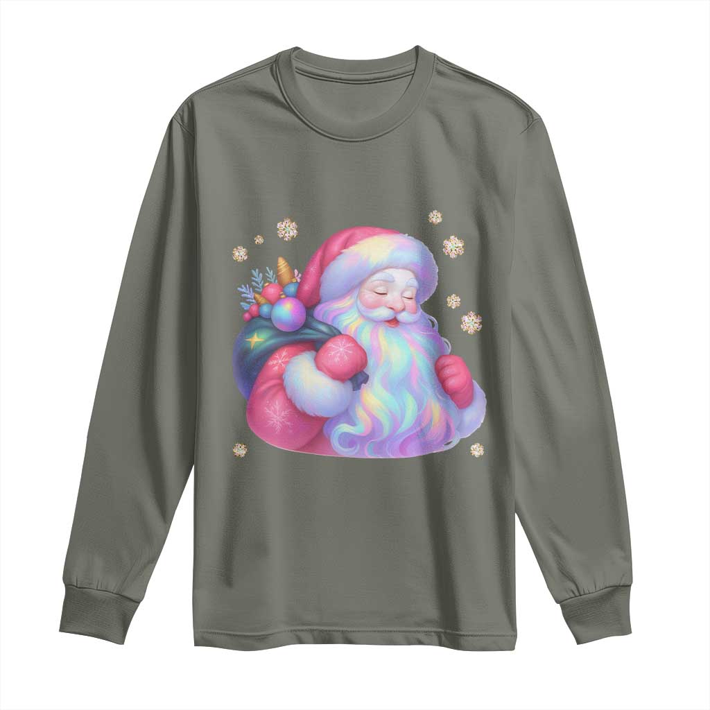 Iridescent Christmas Santa Printed Coquette Xmas Long Sleeve Shirt TS11 Military Green Print Your Wear