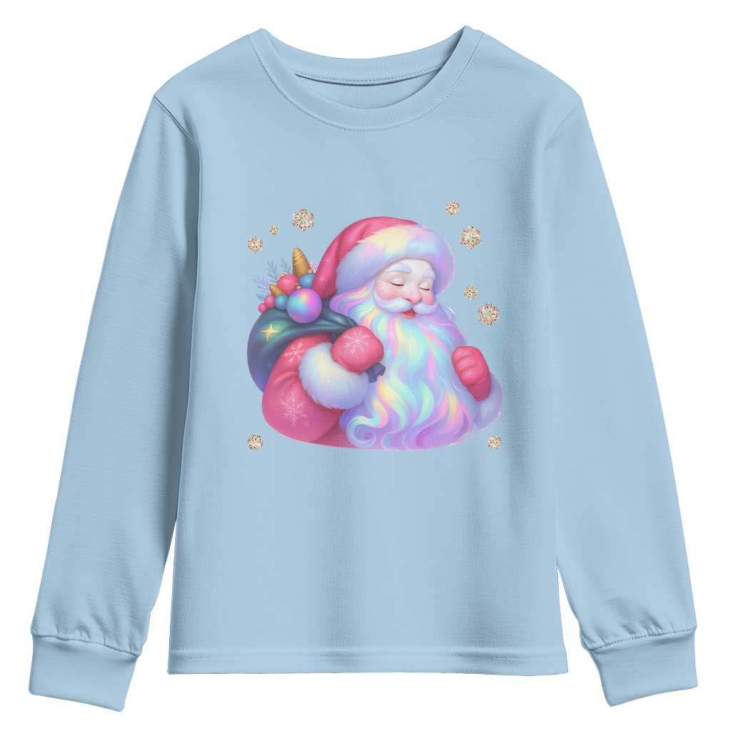 Iridescent Christmas Santa Printed Coquette Xmas Youth Sweatshirt TS11 Light Blue Print Your Wear