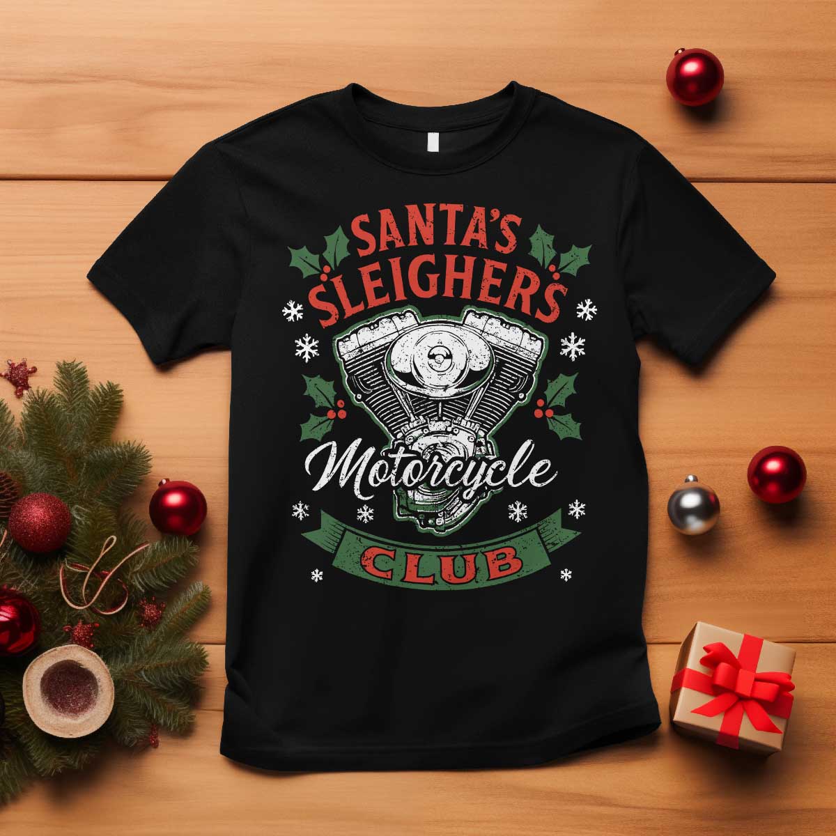 Christmas Motorcycle Biker T Shirt Santas Sleighers Motorcycle Club TS11 Black Print Your Wear