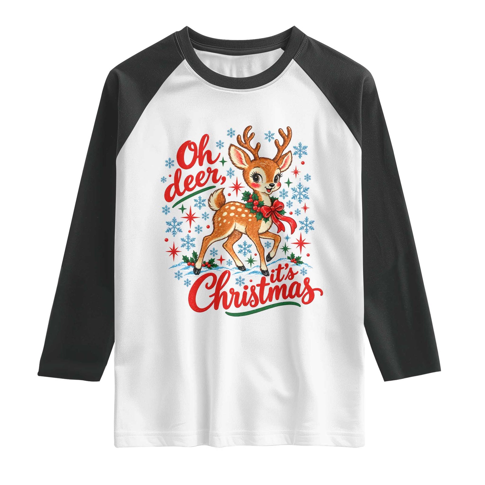 Oh Deer It Is Christmas Raglan Shirt Retro 90s Reindeer Xmas Holiday Season