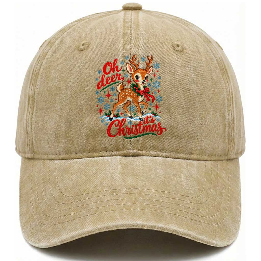 Oh Deer It Is Christmas Washed Cotton Baseball Cap Retro 90s Reindeer Xmas Holiday Season